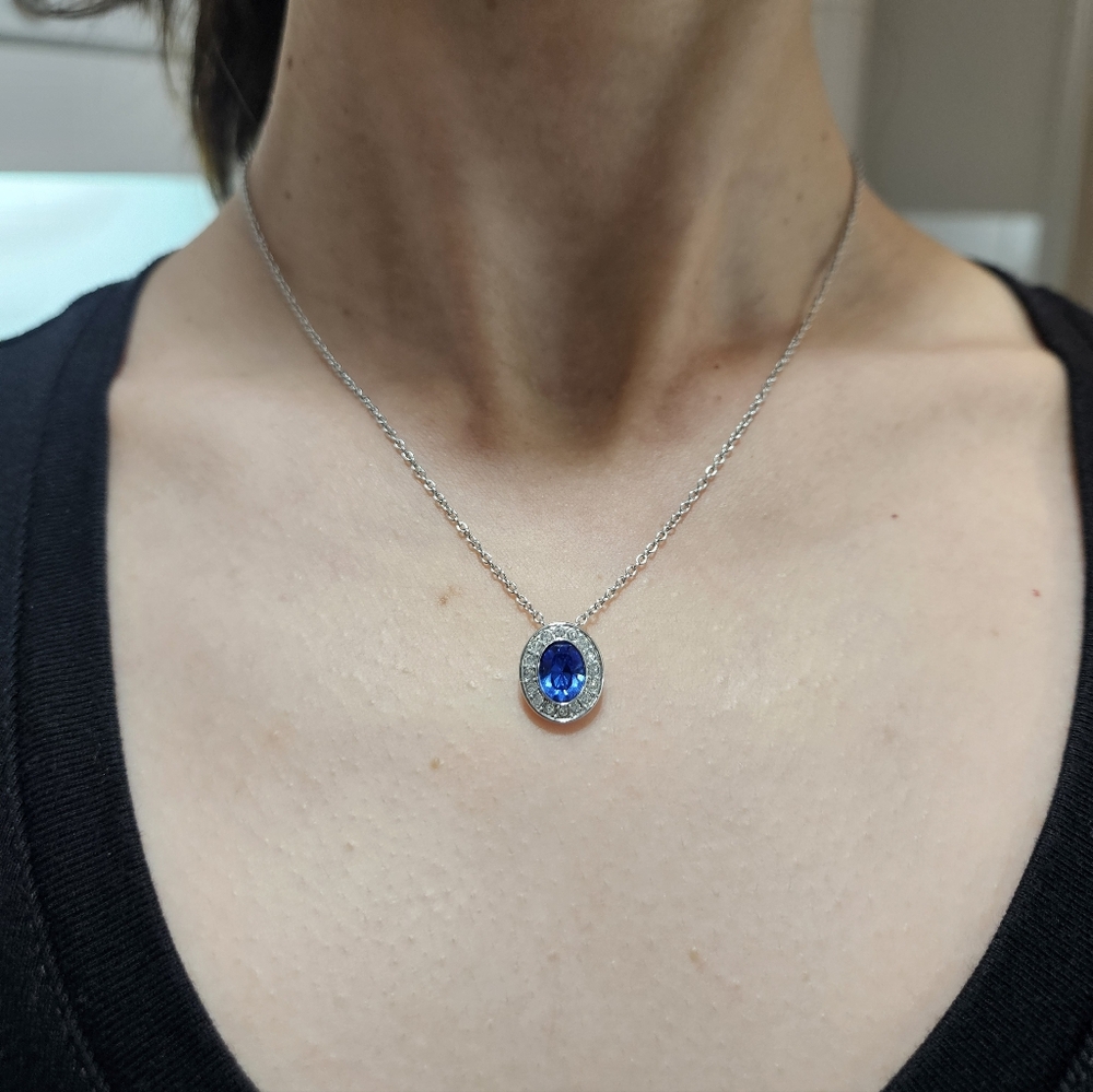 Swarovski Oval Halo Necklace – Blue Crystal w/ Clear Accents